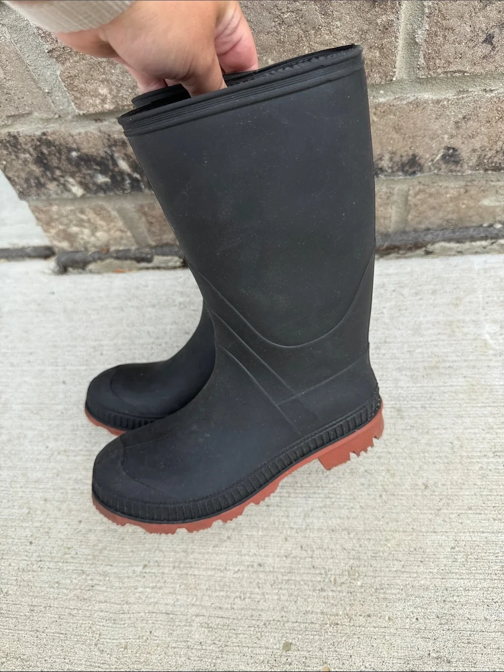 Black Rubber Rain Boots with Brown Soles